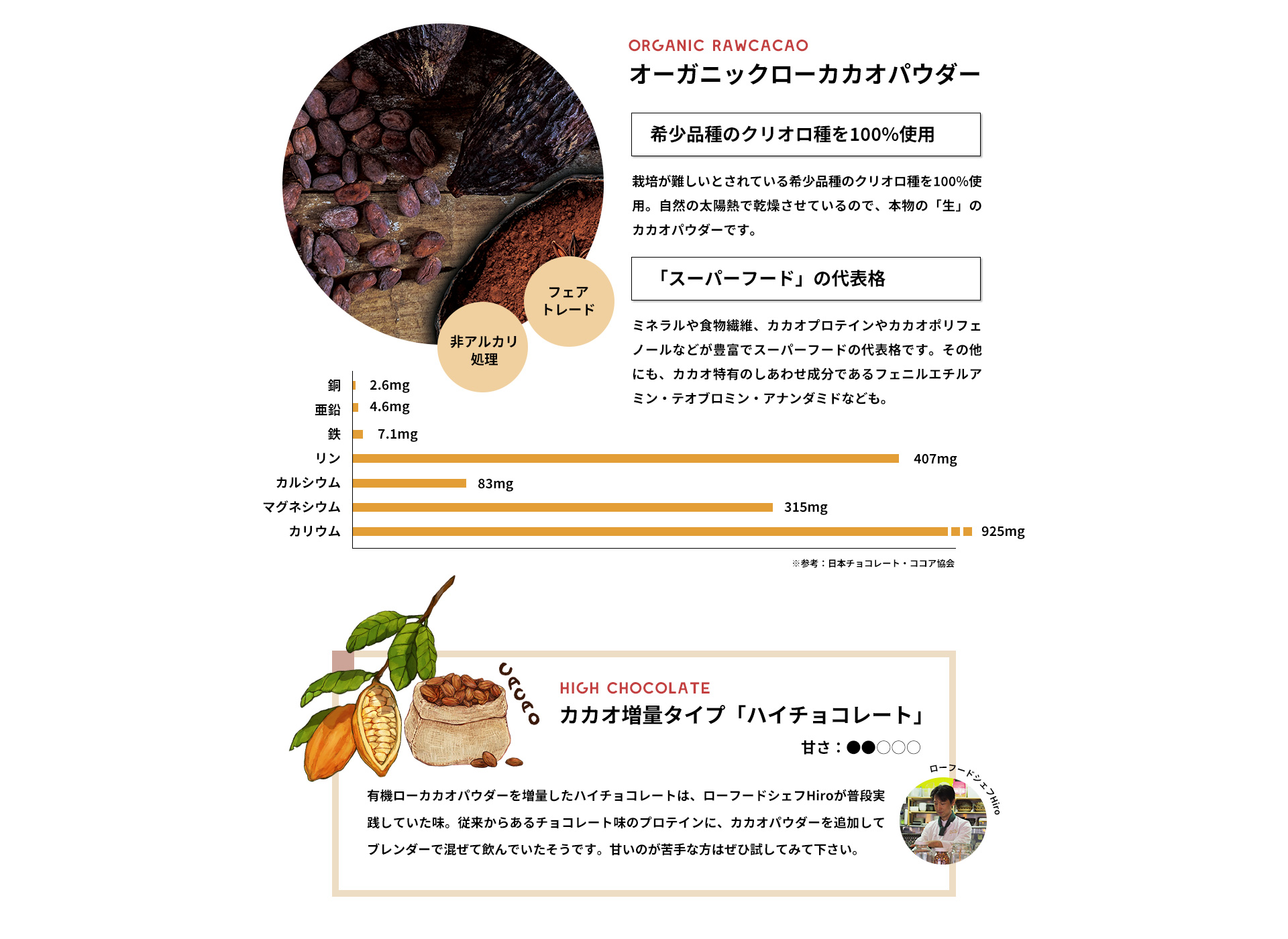 チョコレート：有機ローカカオパウダー配合